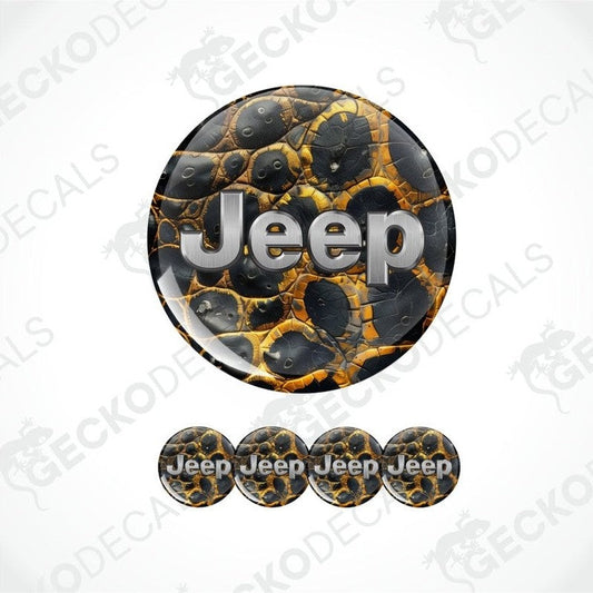 Round decal with 'Jeep' text and black and orange pattern on a white background.