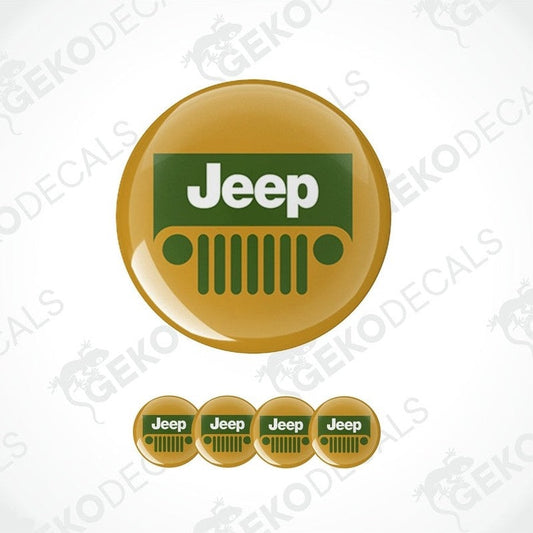 A set of round vehicle decals with the Jeep brand logo on them.