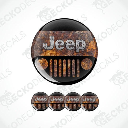 a brown rusty Jeep logo image on a black background, with rusty gray Jeep lettering on top of it