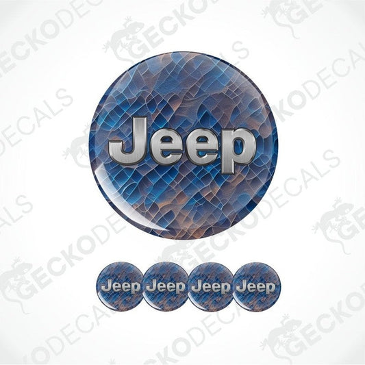 Set of Jeep logos with a blue textured background