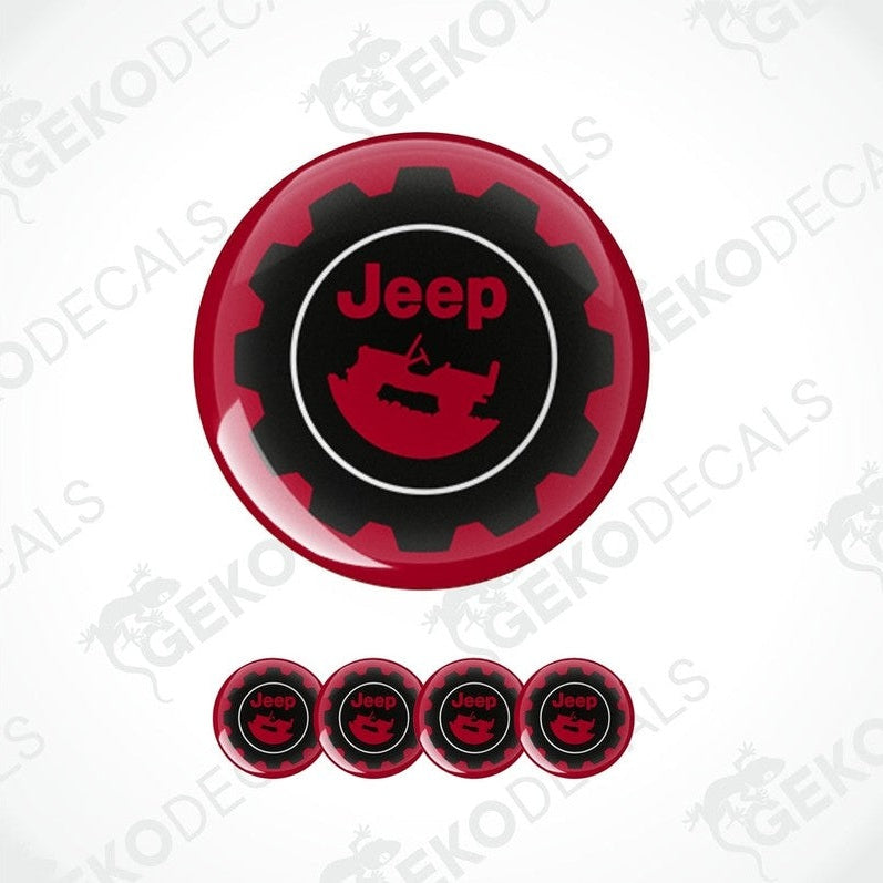 A set of four red and black Jeep branded vinyl decals with a polyurethane coating.