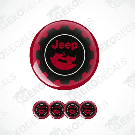 A set of four red and black Jeep branded vinyl decals with a polyurethane coating.