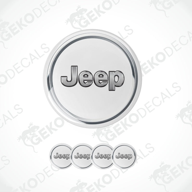 A set of four silver-colored JEEP branded vinyl stickers with a dome shape and polyurethane coating, displayed against a white background.