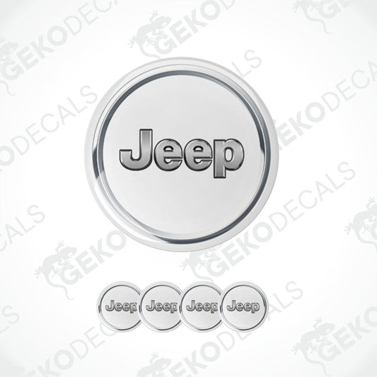 A set of four silver-colored JEEP branded vinyl stickers with a dome shape and polyurethane coating, displayed against a white background.