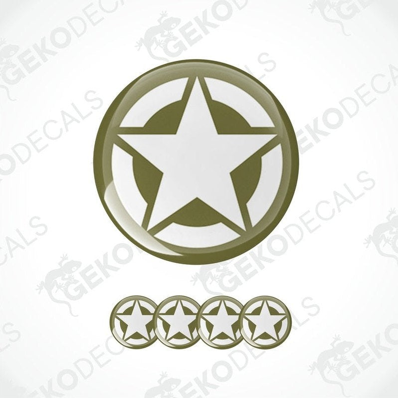 A set of green star-shaped vinyl decals, with one large decal in the center and four smaller ones arranged below, likely intended for use as vehicle decals.