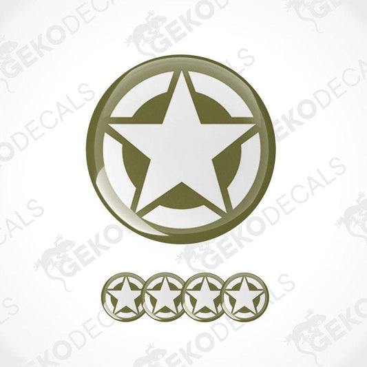 A set of green star-shaped vinyl decals, with one large decal in the center and four smaller ones arranged below, likely intended for use as vehicle decals.