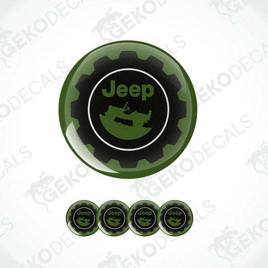 A set of four green and black vinyl stickers with a JEEP logo, designed for use on car wheels or caps.