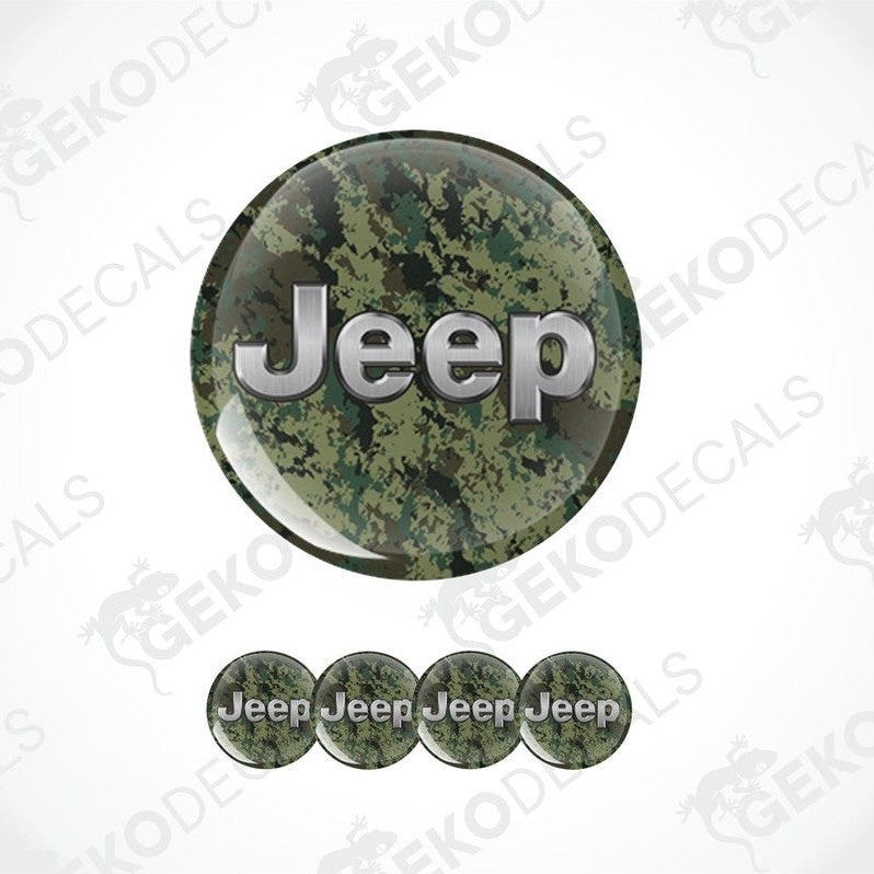 A set of round vehicle decals spelling out 'Jeep' with a camouflage pattern.