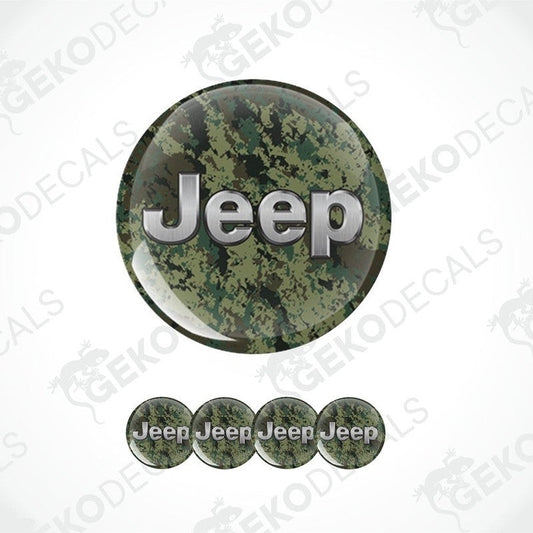 A set of round vehicle decals spelling out 'Jeep' with a camouflage pattern.