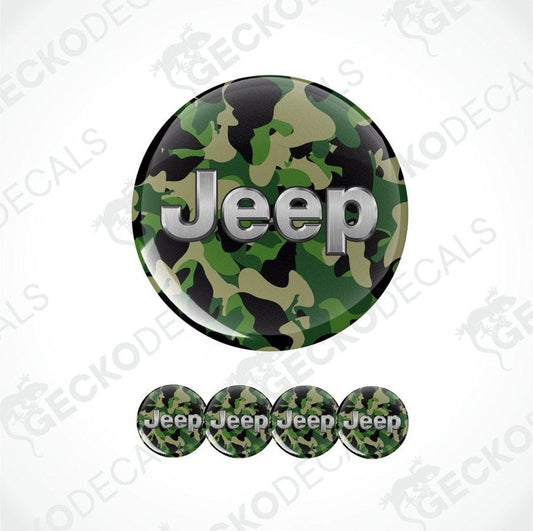 Camouflage-patterned 'Jeep' logo with additional logos below on a white background.