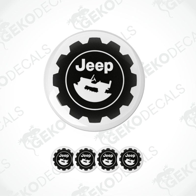 A set of four black vinyl stickers with a JEEP logo and gear design.