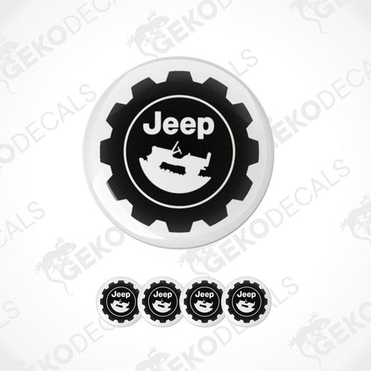 A set of four black vinyl stickers with a JEEP logo and gear design.