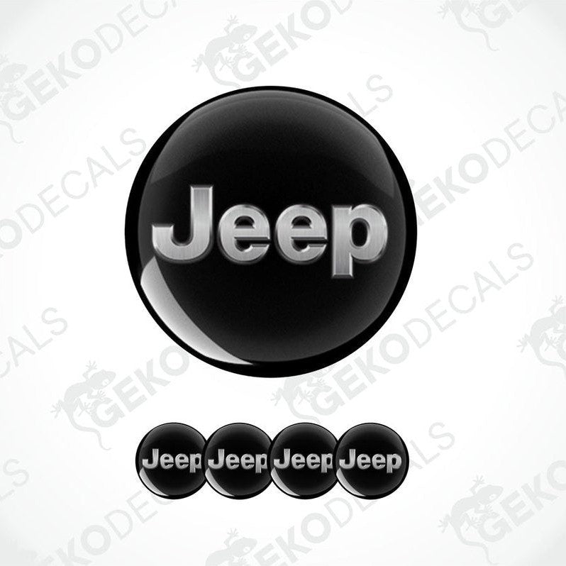 A set of four black vinyl stickers with the word 'JEEP' printed on them, arranged in a circular pattern with the Gecko Decals logo at the top.