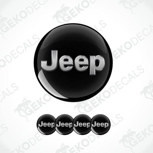 A set of four black vinyl stickers with the word 'JEEP' printed on them, arranged in a circular pattern with the Gecko Decals logo at the top.
