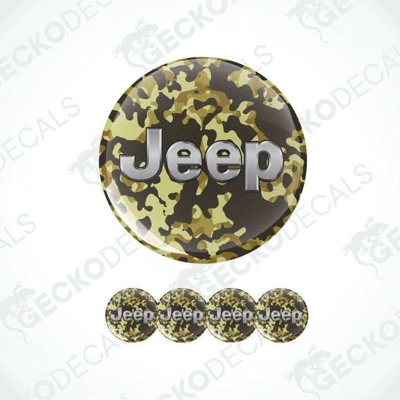 Camouflage-patterned Jeep logo decal with five smaller decals below on a white background.