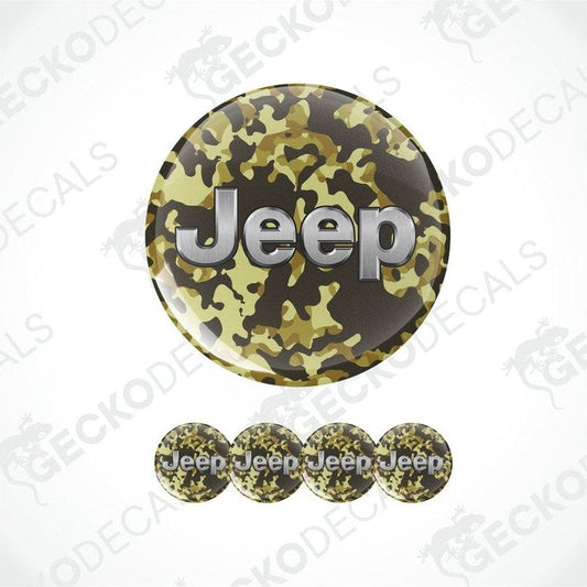 Camouflage-patterned Jeep logo decal with five smaller decals below on a white background.
