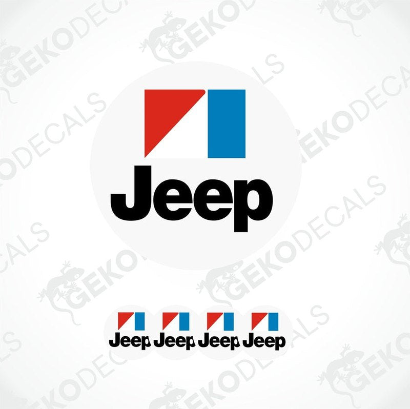 A set of four Jeep branded vinyl decals, three in circular shape and one in rectangular shape, with a red, black, and blue color scheme.