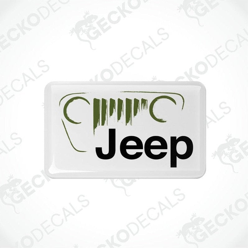  White rectangular Jeep brand vinyl decals with green and black detailing