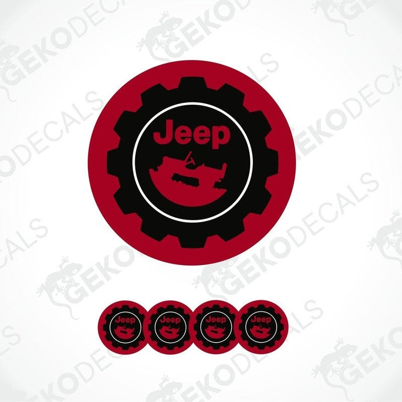 A set of four red and black Jeep branded vinyl decals with a polyurethane coating.