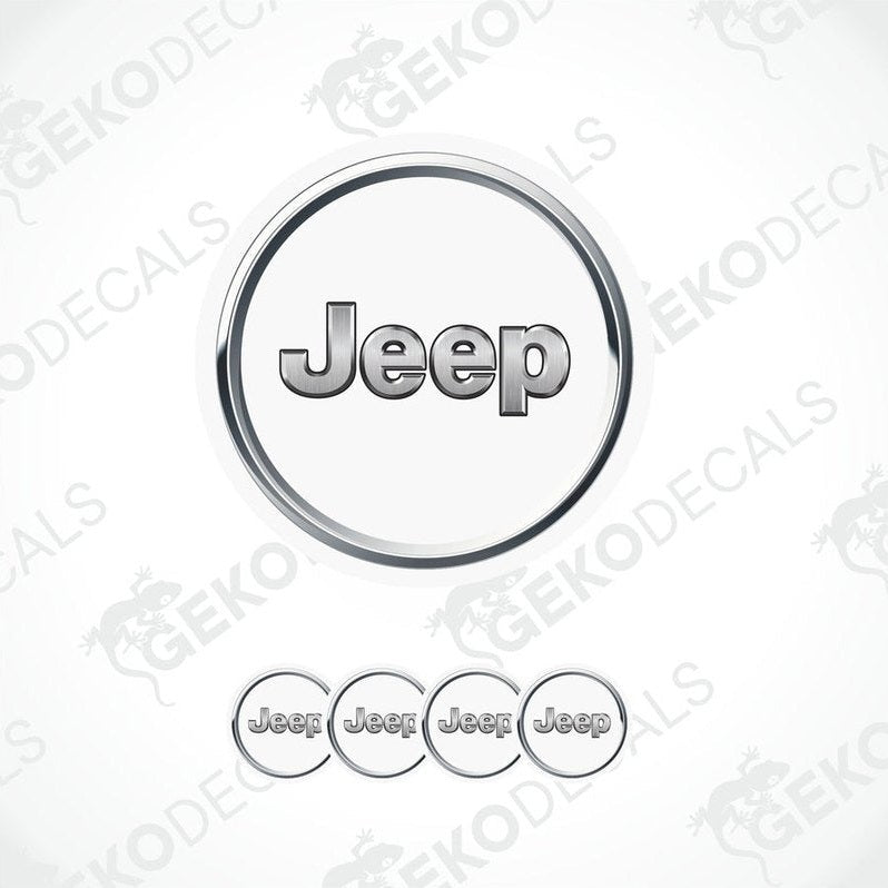 A set of four silver-colored JEEP branded vinyl stickers with a dome shape and polyurethane coating, displayed against a white background.