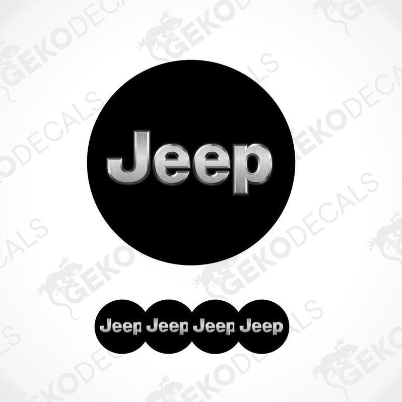 A set of four black vinyl stickers with the word 'JEEP' printed on them, arranged in a circular pattern with the Gecko Decals logo at the top.
