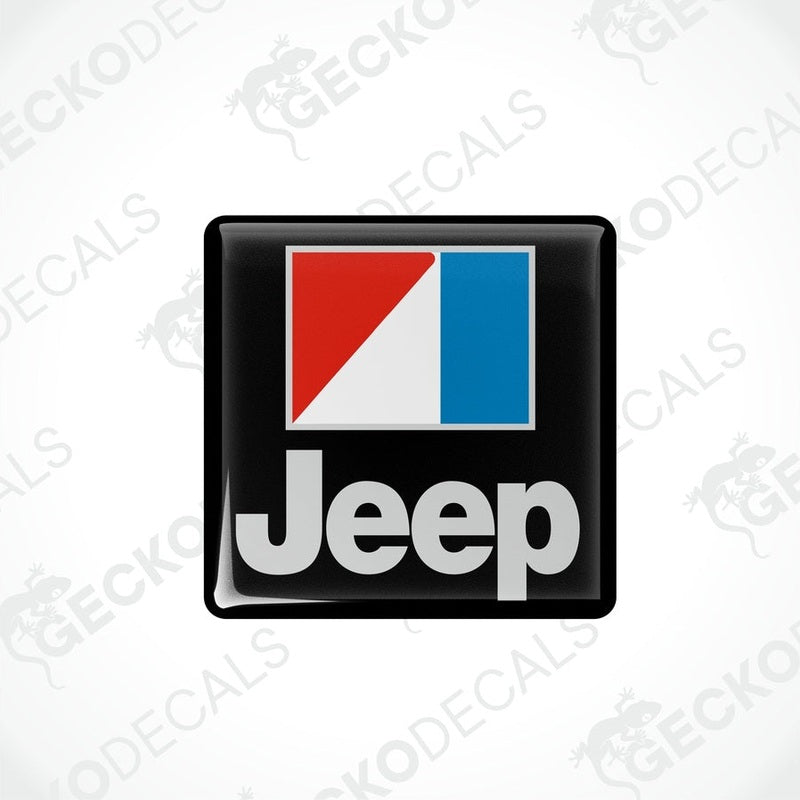  Square-shaped Jeep decals with a red, white, and blue color scheme and the Jeep brand logo.