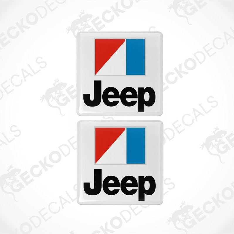 Two square-shaped Jeep decals with a red, black, and blue color scheme and the Jeep brand logo.