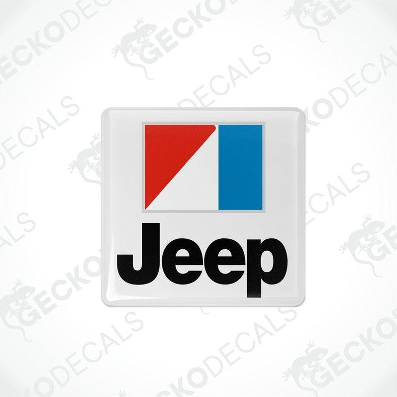 Square-shaped Jeep decals with a red, black, and blue color scheme and the Jeep brand logo.