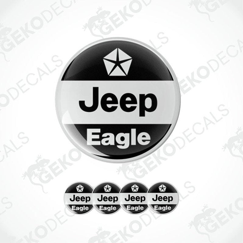 A set of four black vinyl stickers with the word 'JEEP' and an eagle graphic in the center, arranged on a white background.
