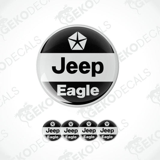 A set of four black vinyl stickers with the word 'JEEP' and an eagle graphic in the center, arranged on a white background.