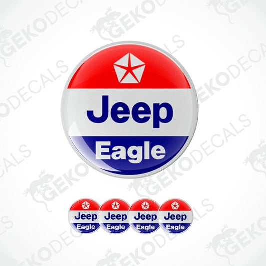 A set of round car decals featuring the text 'Jeep Eagle' with a red, white, and blue color scheme and an eagle logo.