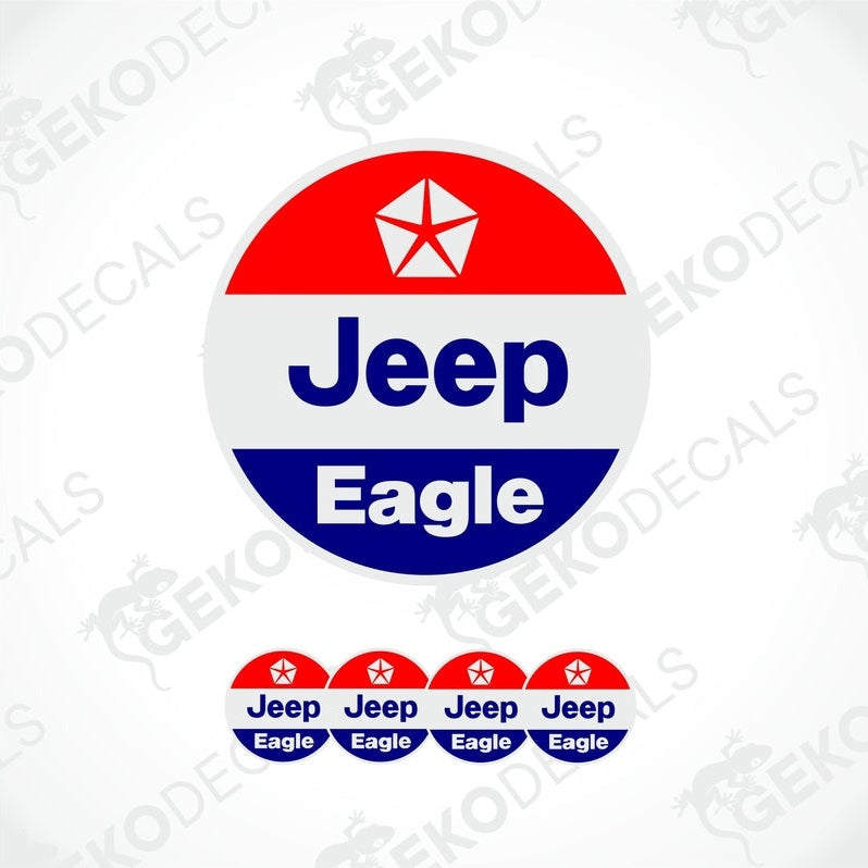 A set of round car decals featuring the text 'Jeep Eagle' with a red, white, and blue color scheme and an eagle logo.