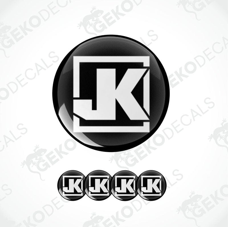 A set of four vinyl decals with a polyurethane coating, featuring the letter 'JK' in black and white, designed for use as car decals.