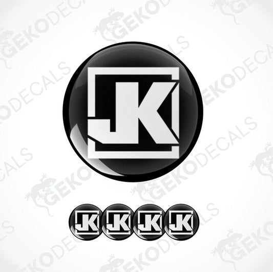 A set of four vinyl decals with a polyurethane coating, featuring the letter 'JK' in black and white, designed for use as car decals.