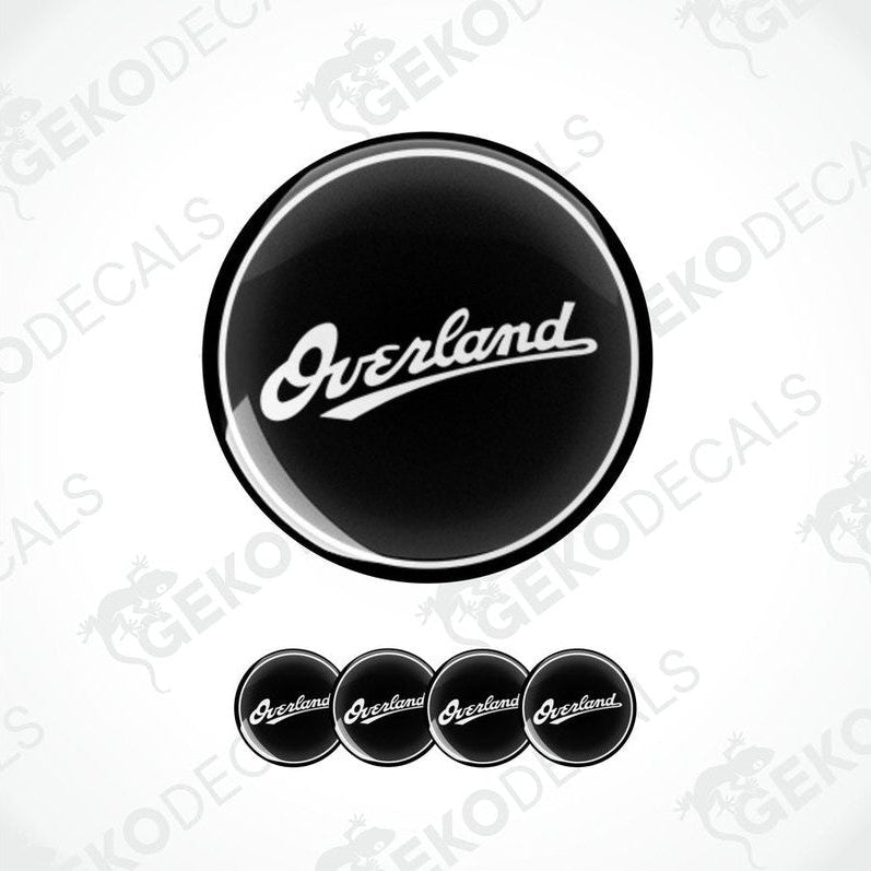 A set of four black vinyl stickers with the 'overland' brand logo, displayed on a white background.