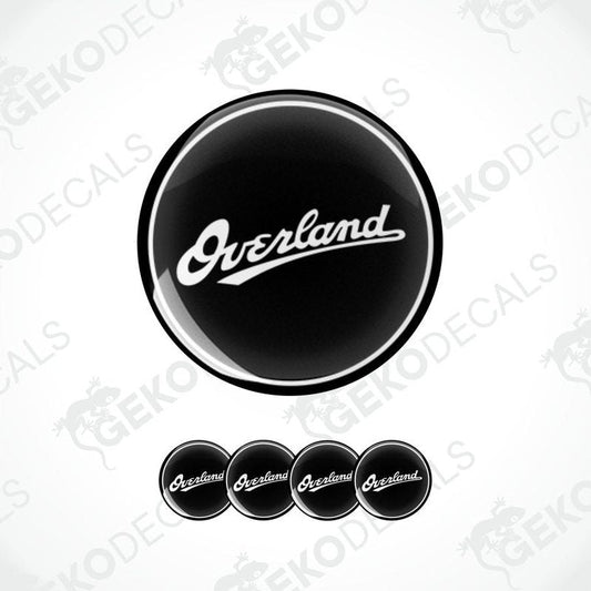 A set of four black vinyl stickers with the 'overland' brand logo, displayed on a white background.