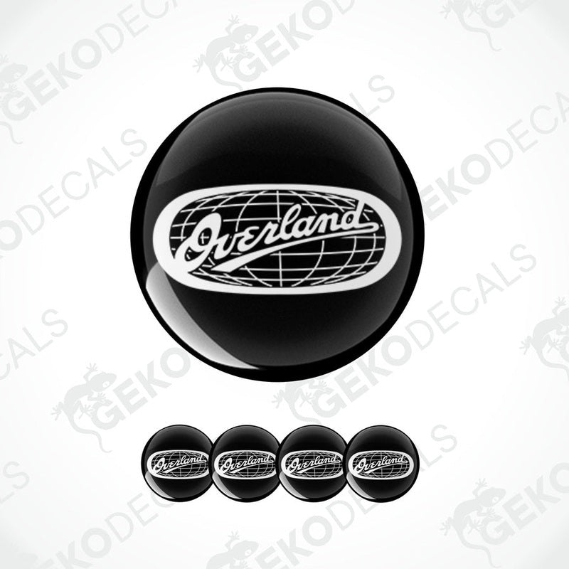 A set of four black vinyl stickers with the word 'overland' and a design that resembles a globe.