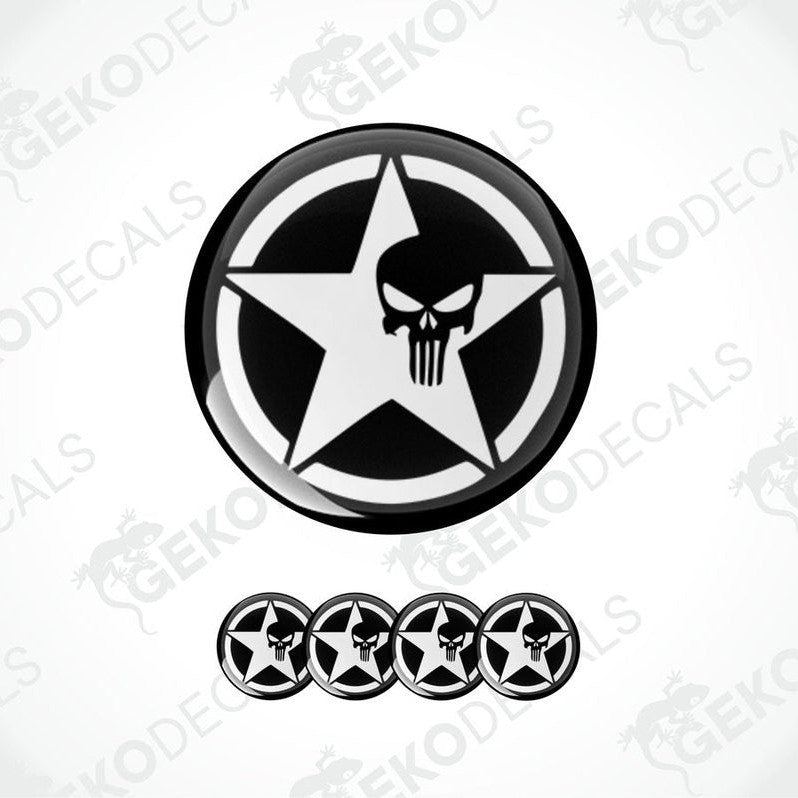 A set of four black vinyl stickers with a star and the word 'PUNISHER' on them, arranged against a white background.