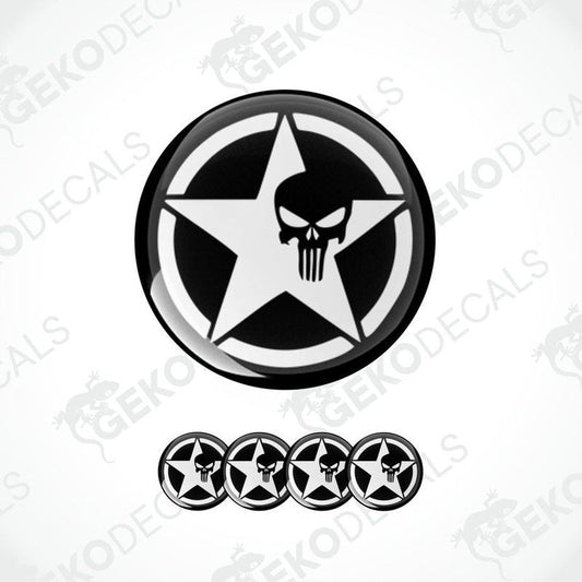 A set of four black vinyl stickers with a star and the word 'PUNISHER' on them, arranged against a white background.
