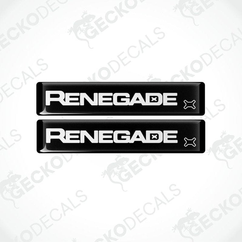 Two black vinyl decals with the word 'RENEGADE' written in white letters, accompanied by the Jeep brand logo in gray.