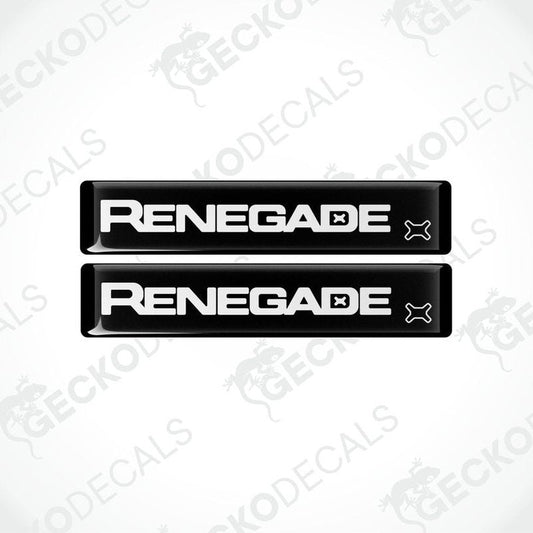 Two black vinyl decals with the word 'RENEGADE' written in white letters, accompanied by the Jeep brand logo in gray.