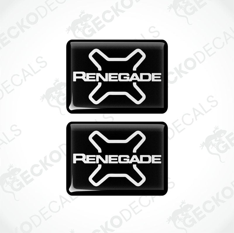 Two black vinyl decals with the word 'RENEGADE' written in white letters, accompanied by the Jeep brand logo in gray.