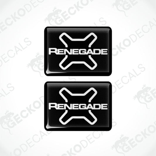 Two black vinyl decals with the word 'RENEGADE' written in white letters, accompanied by the Jeep brand logo in gray.
