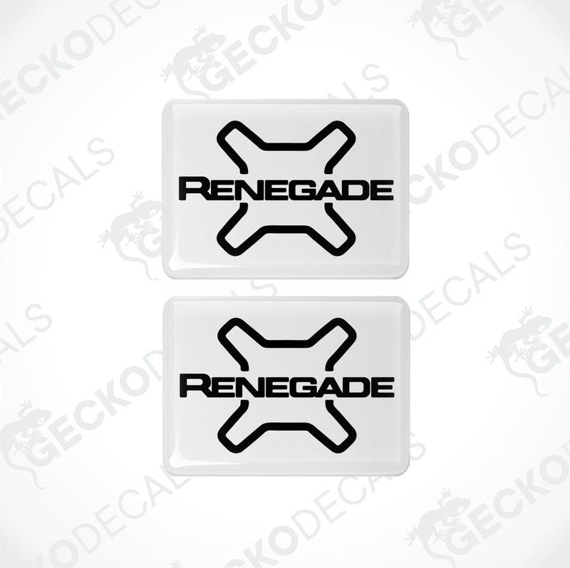 Two withe vinyl decals with the word 'RENEGADE' written in blac letters, accompanied by the Jeep brand logo in gray.