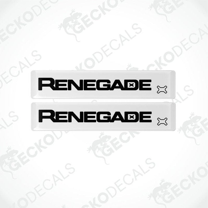 Two withe vinyl decals with the word 'RENEGADE' written in blac letters, accompanied by the Jeep brand logo in gray.