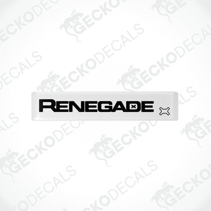 Withe vinyl decals with the word 'RENEGADE' written in blac letters, accompanied by the Jeep brand logo in gray.