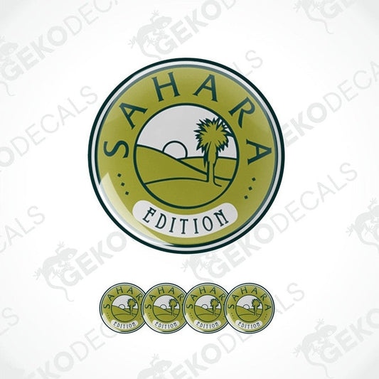Set of green vinyl stickers with the words "SAHARA EDITION" on a white background.