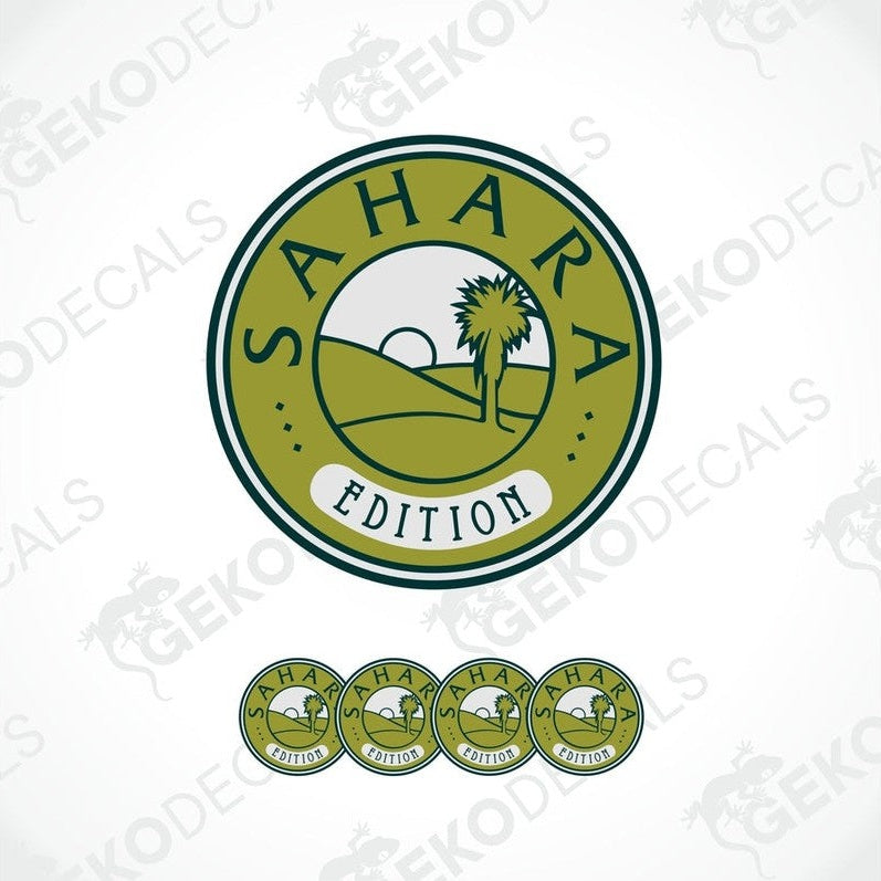 Set of green vinyl stickers with the words "SAHARA EDITION" on a white background.