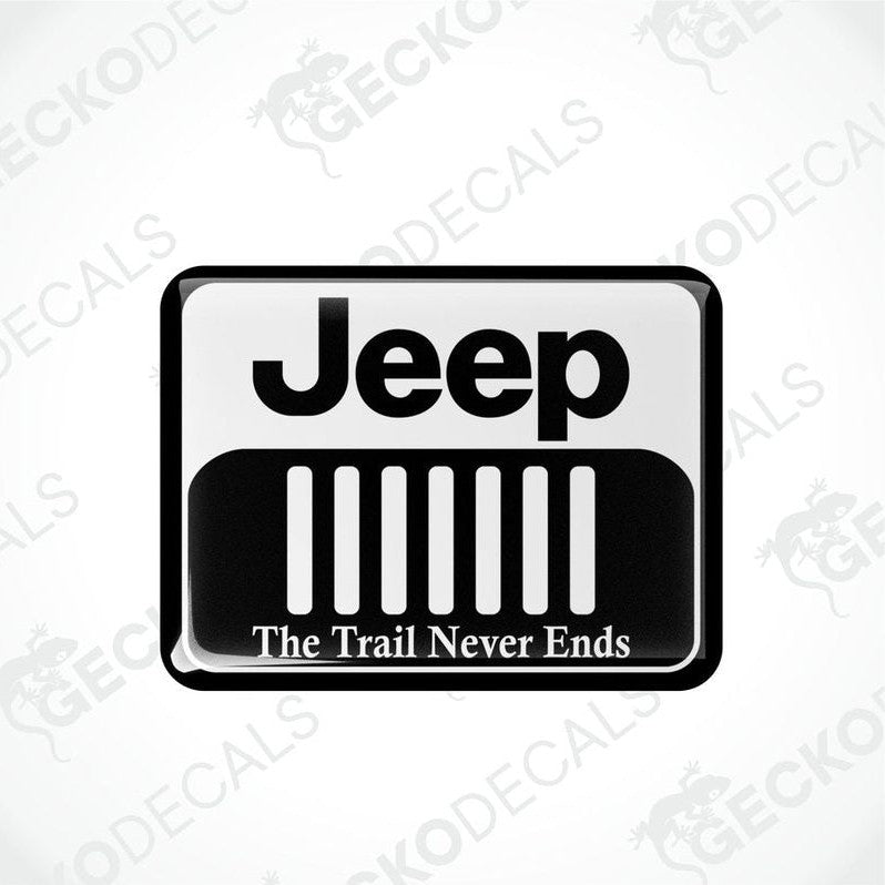  Black vinyl stickers with a white JEEP logo and the text 'THE TRAIL NEVER ENDS' below it.