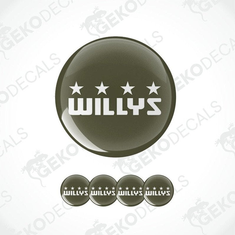 A set of round vehicle decals with the text 'WILLYS' on them, presented in a layout that suggests one large decal and four smaller ones.